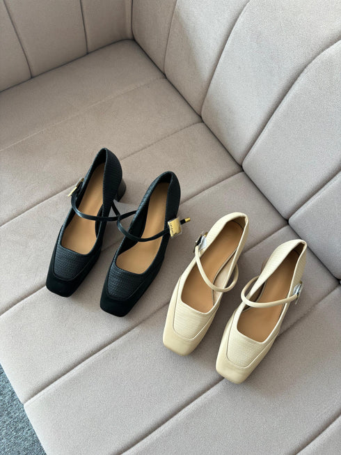 High Quality Square Toe Buckle Marry Jane Block Heels